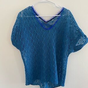 Elie Tahari Blue Crochet V-Neck Top